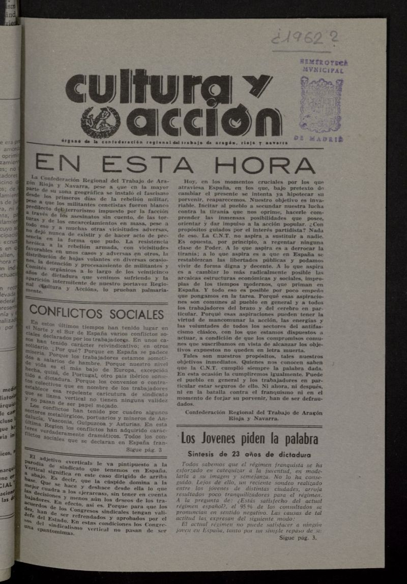 Cultura y Accin. rgano de la C.N.T. de Aragn, Rioja y Navarra de 1962