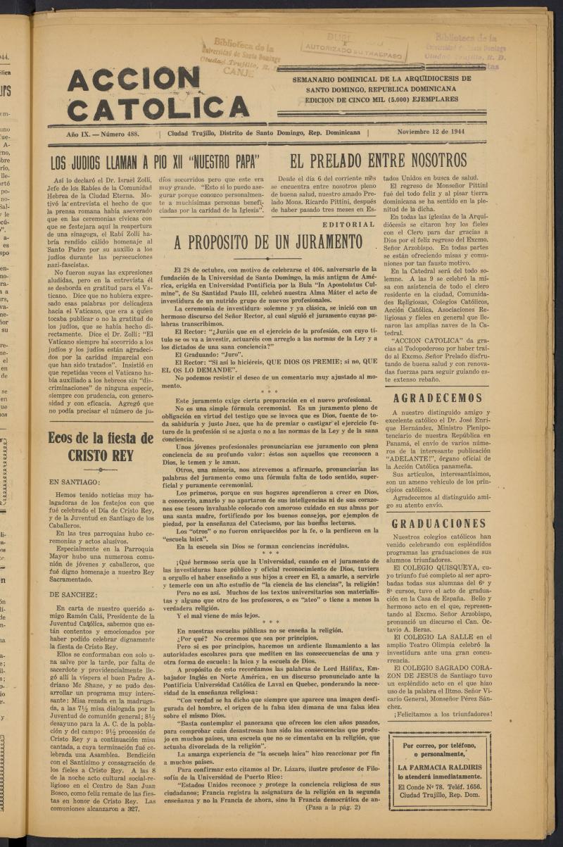 Accin Catlica (Ciudad Trujillo) del 12 de noviembre de 1944