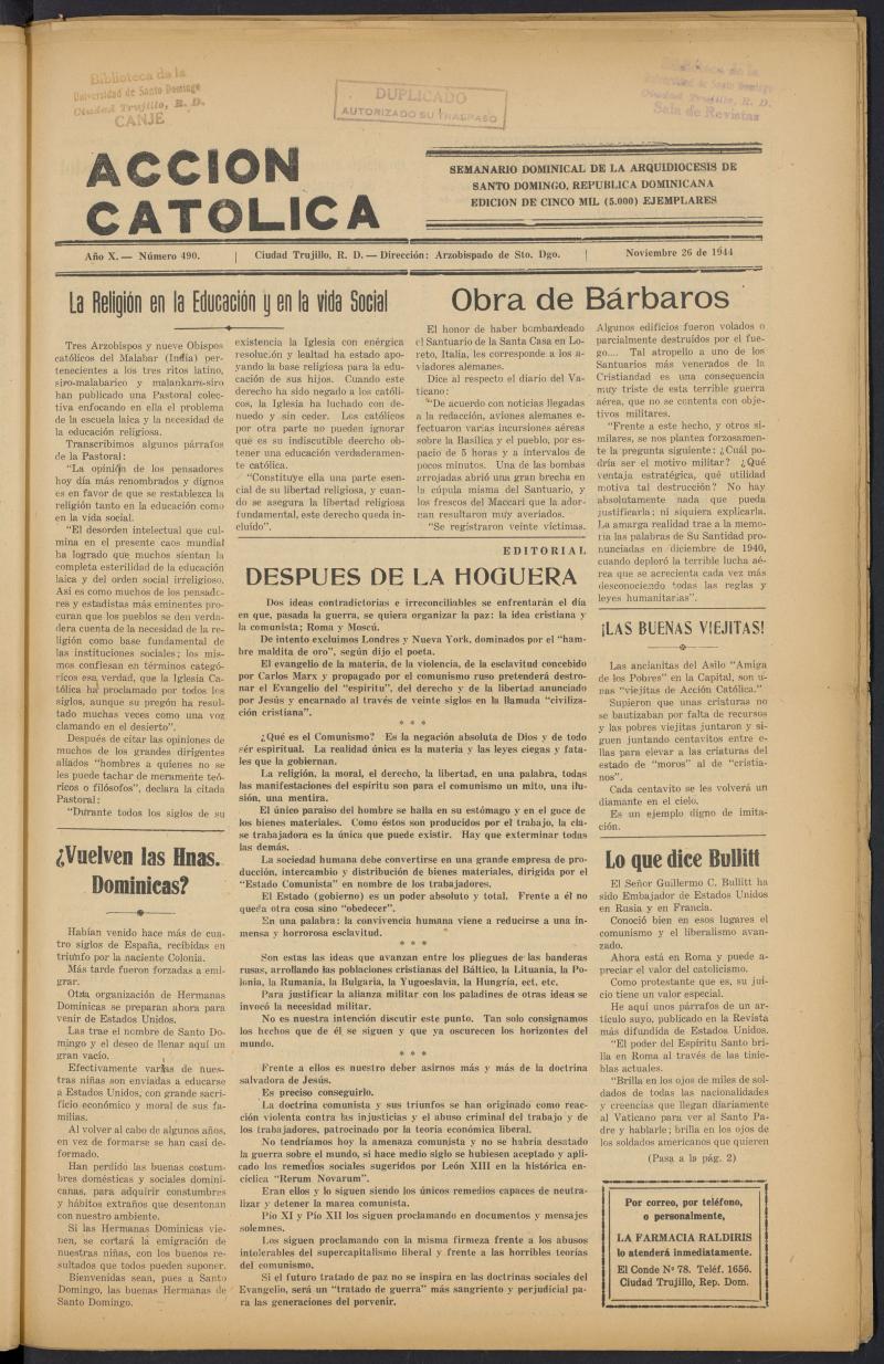 Accin Catlica (Ciudad Trujillo) del 26 de noviembre de 1944