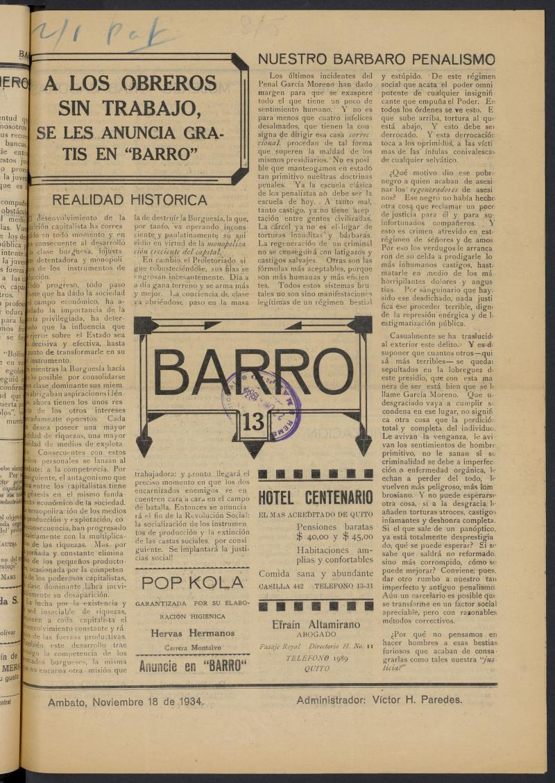 Barro (Ecuador, 1934) del 18 de noviembre de 1934