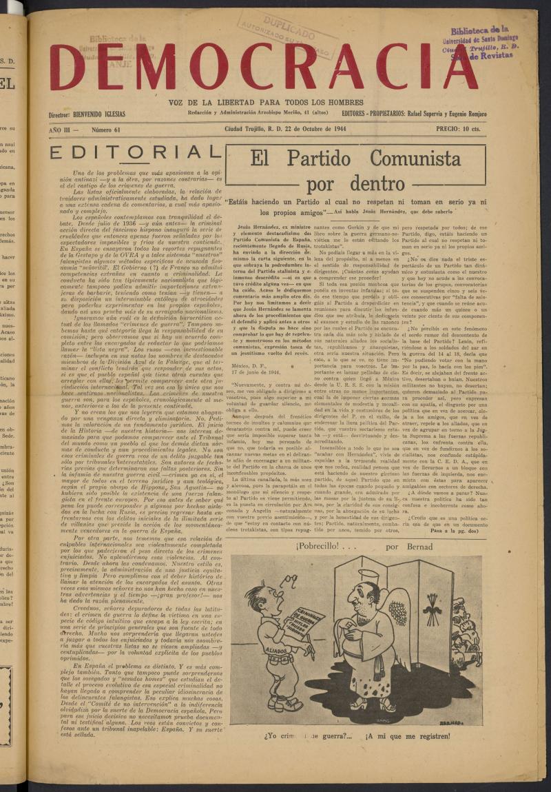 Democracia (Ciudad Trujillo) del 22 de octubre de 1944