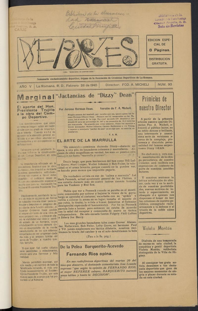 Deportes (La Romana) del 26 de febrero de 1945