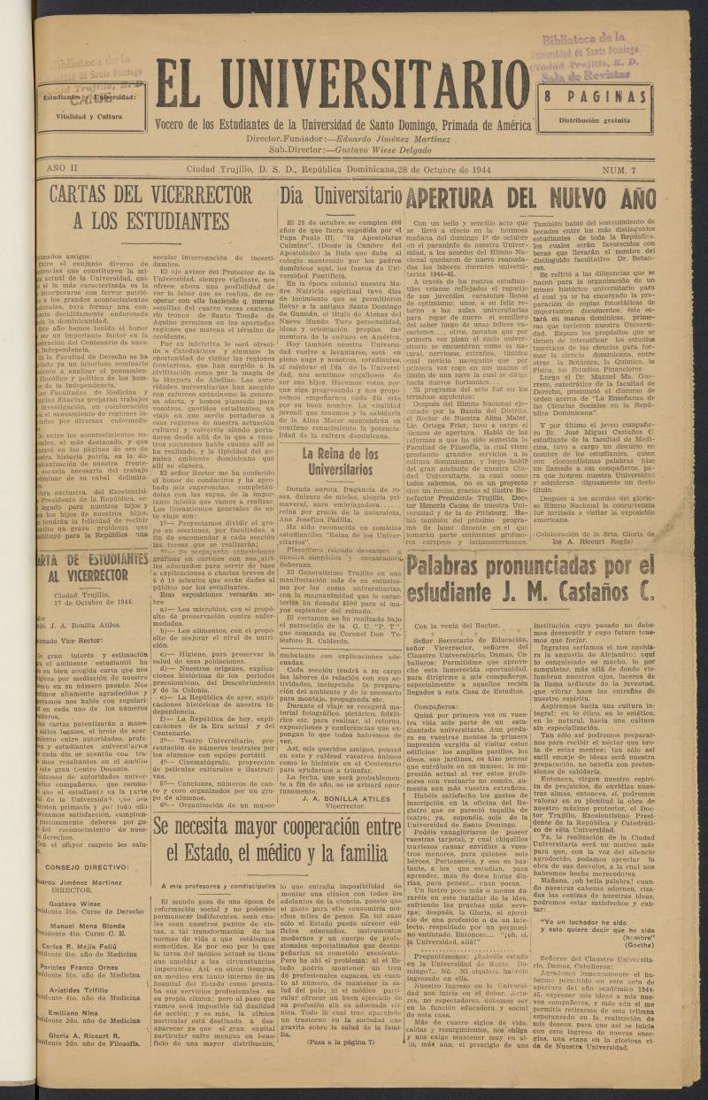 El Universitario: vocero de los estudiantes de la Universidad de Santo Domingo del 28 de octubre de 1944