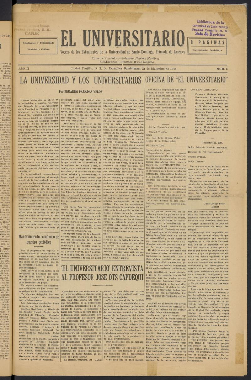 El Universitario: vocero de los estudiantes de la Universidad de Santo Domingo del 21 de diciembre de 1944
