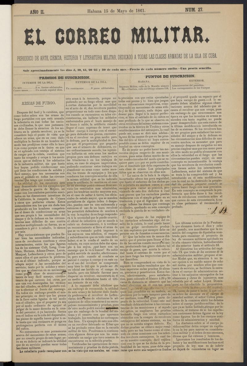 El Correo Militar: Peridico de Arte, Ciencia, Histria y Literatura Militar del 15 de mayo de 1861