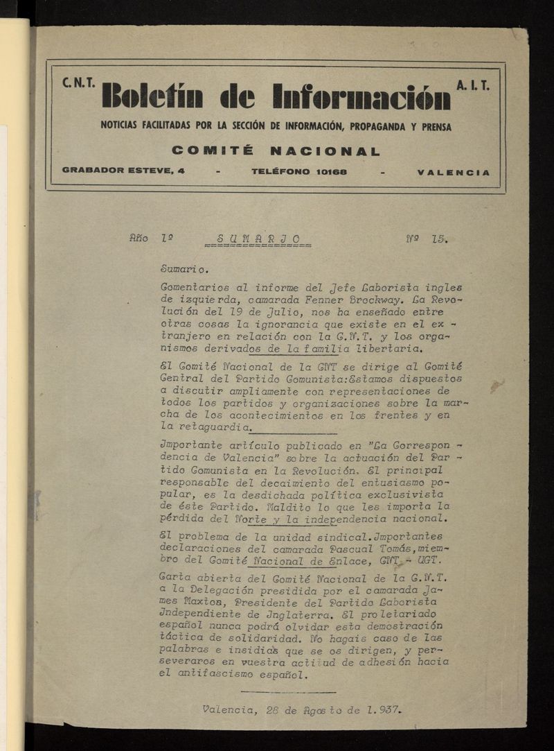 Boletn de Informacin (Valencia. 1937) del 28 de agosto de 1937