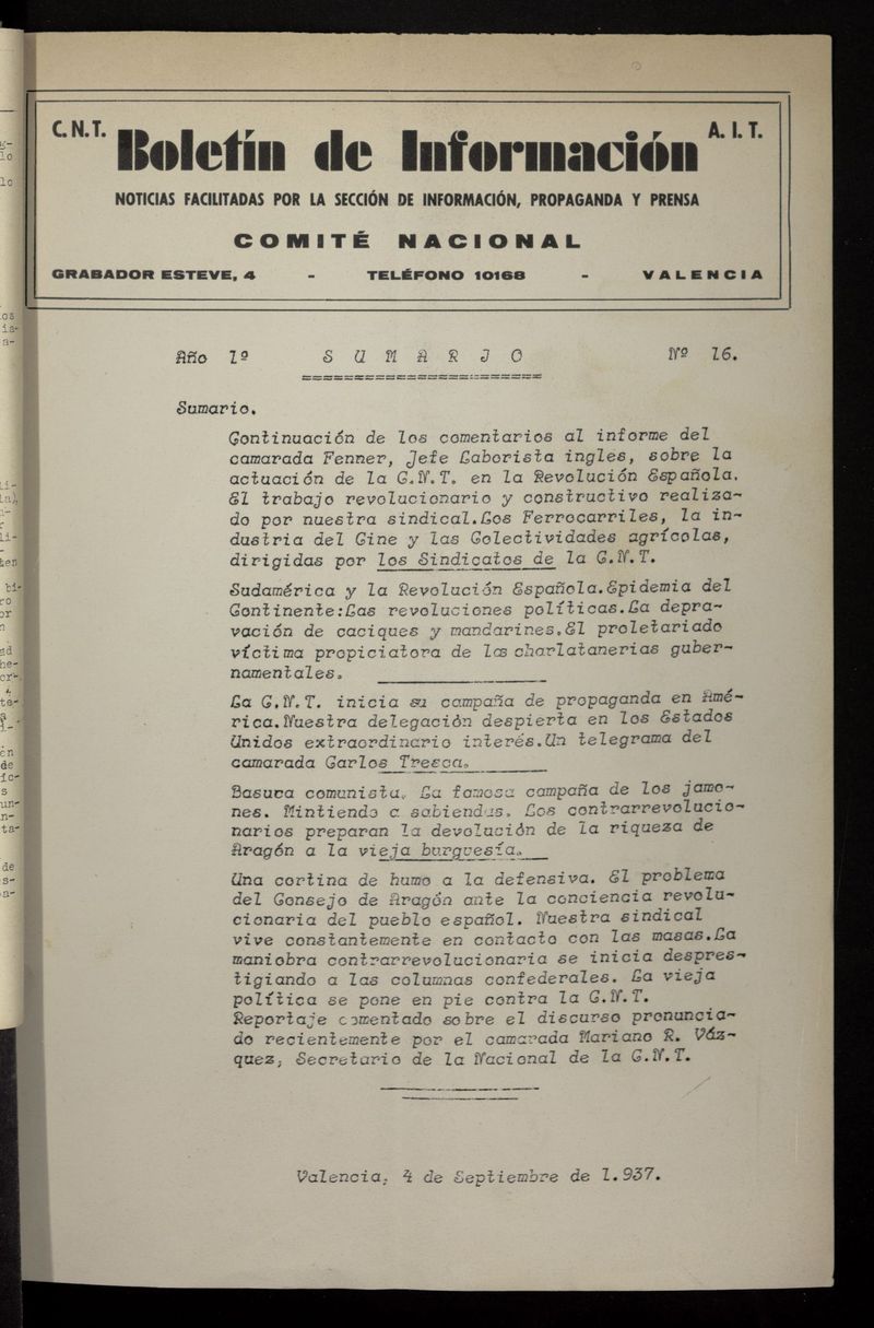 Boletn de Informacin (Valencia. 1937) del 4 de septiembre de 1937