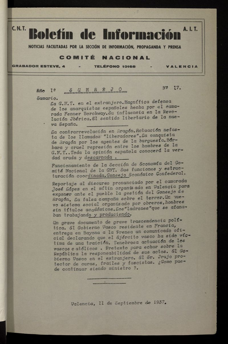 Boletn de Informacin (Valencia. 1937) del 11 de septiembre de 1937