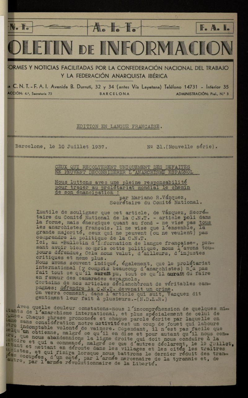 Boletn de Informacin (Barcelona. 1937) (Ed. en langue franaise) del 10 de julio de 1937