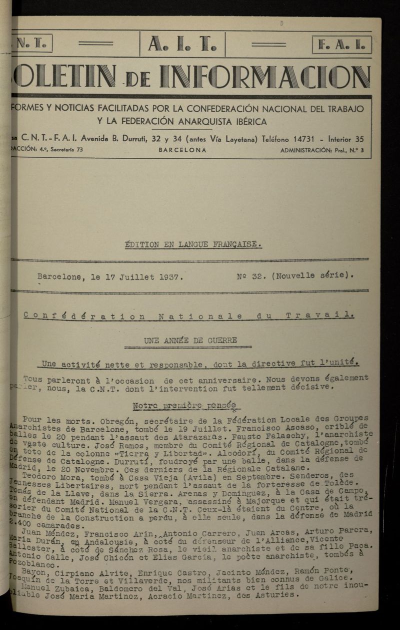 Boletn de Informacin (Barcelona. 1937) (Ed. en langue franaise) del 17 de julio de 1937