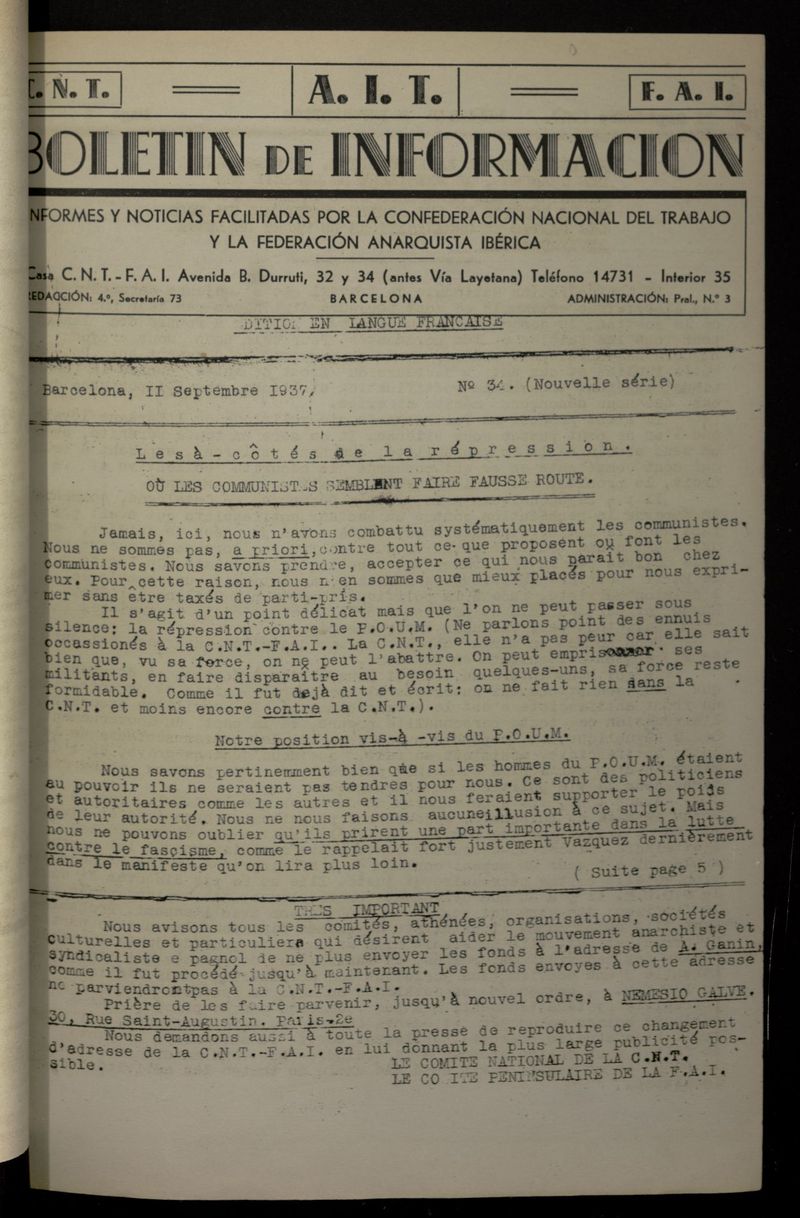 Boletn de Informacin (Barcelona. 1937) (Ed. en langue franaise) del 11 de septiembre de 1937