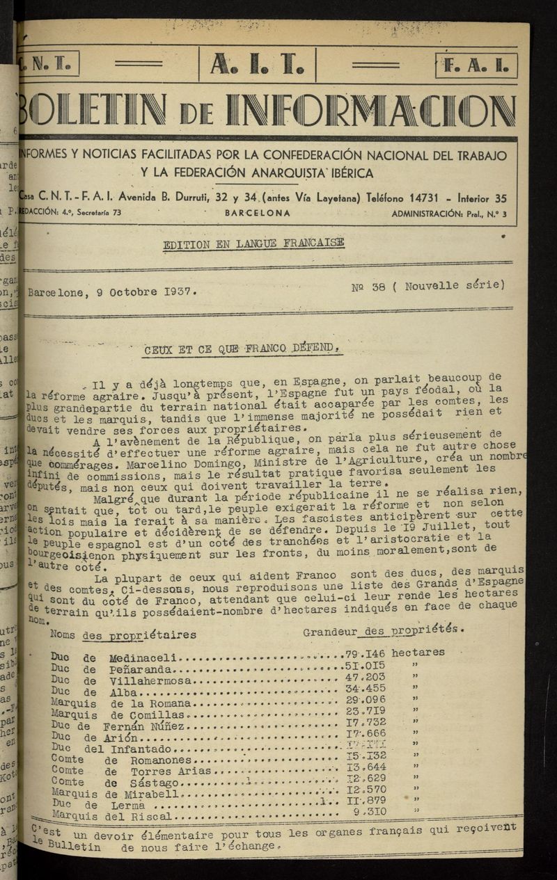 Boletn de Informacin (Barcelona. 1937) (Ed. en langue franaise) del 9 de octubre de 1937