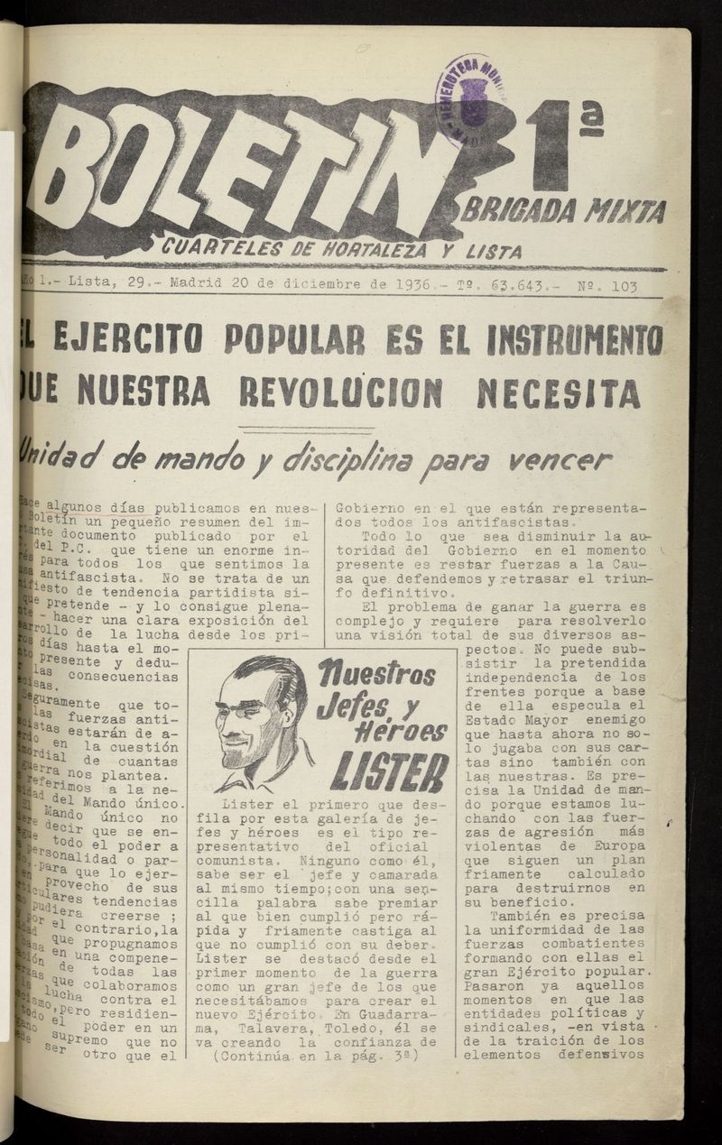 Boletín de la Primera Brigada Mixta. Cuarteles de Hortaleza y Lista del 20 de diciembre de 1936