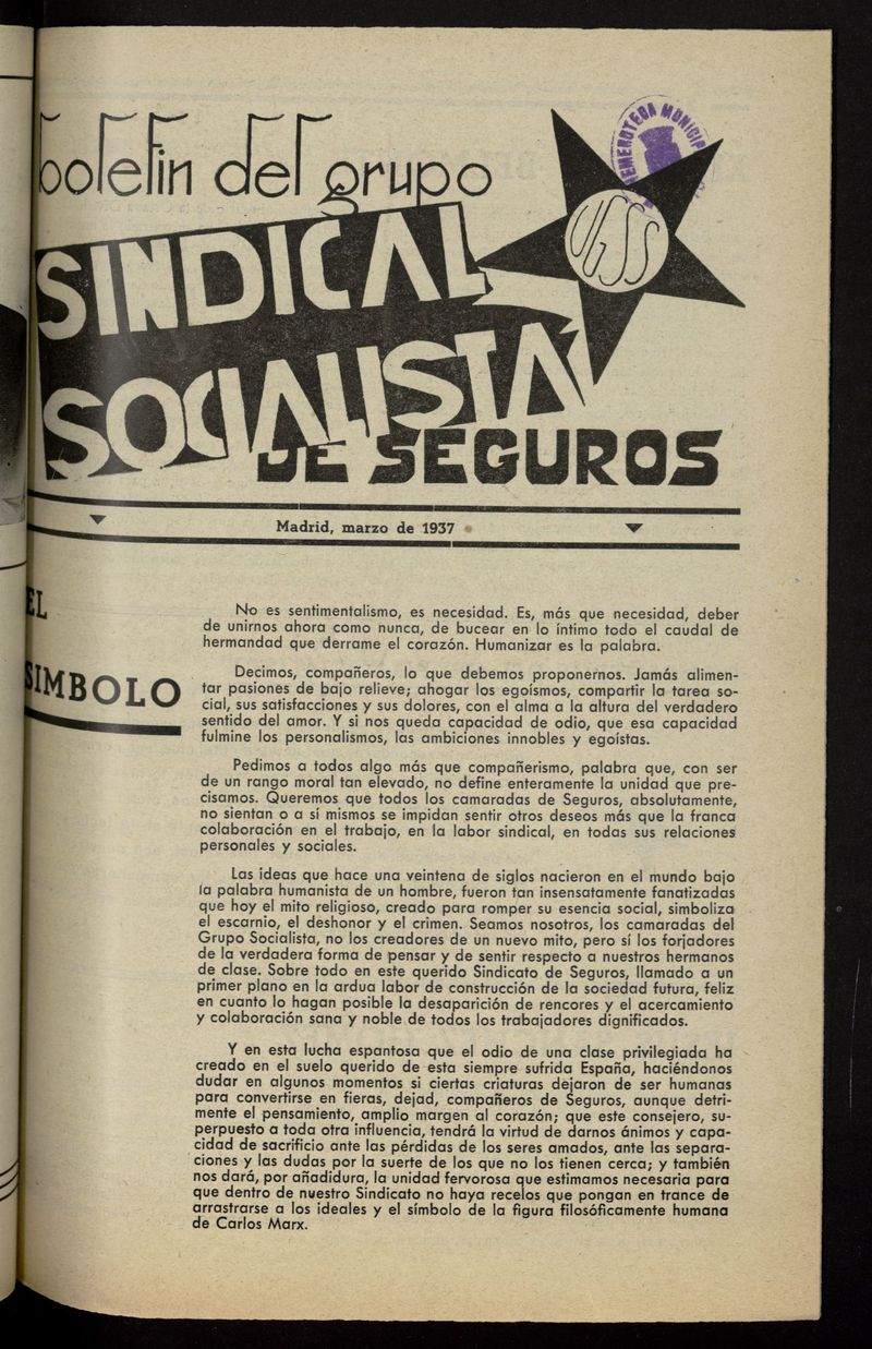 Boletn del Grupo Sindical Socialista de Seguros de marzo de 1937