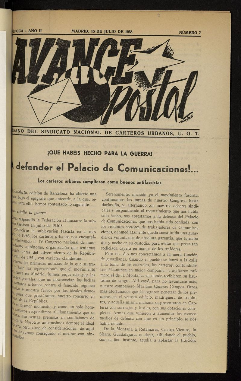 Avance Postal del 15 de julio de 1938