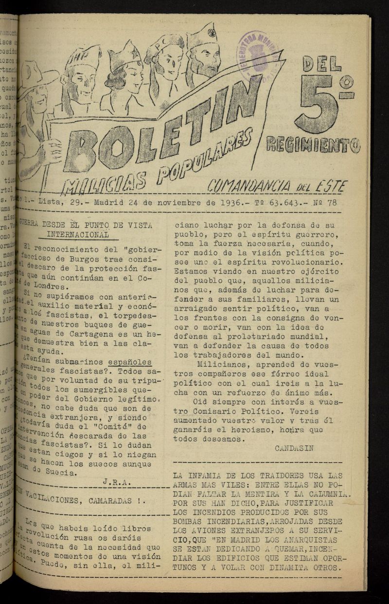 Boletn del 5 Regimiento: Milicias Populares del 24 de noviembre de 1936
