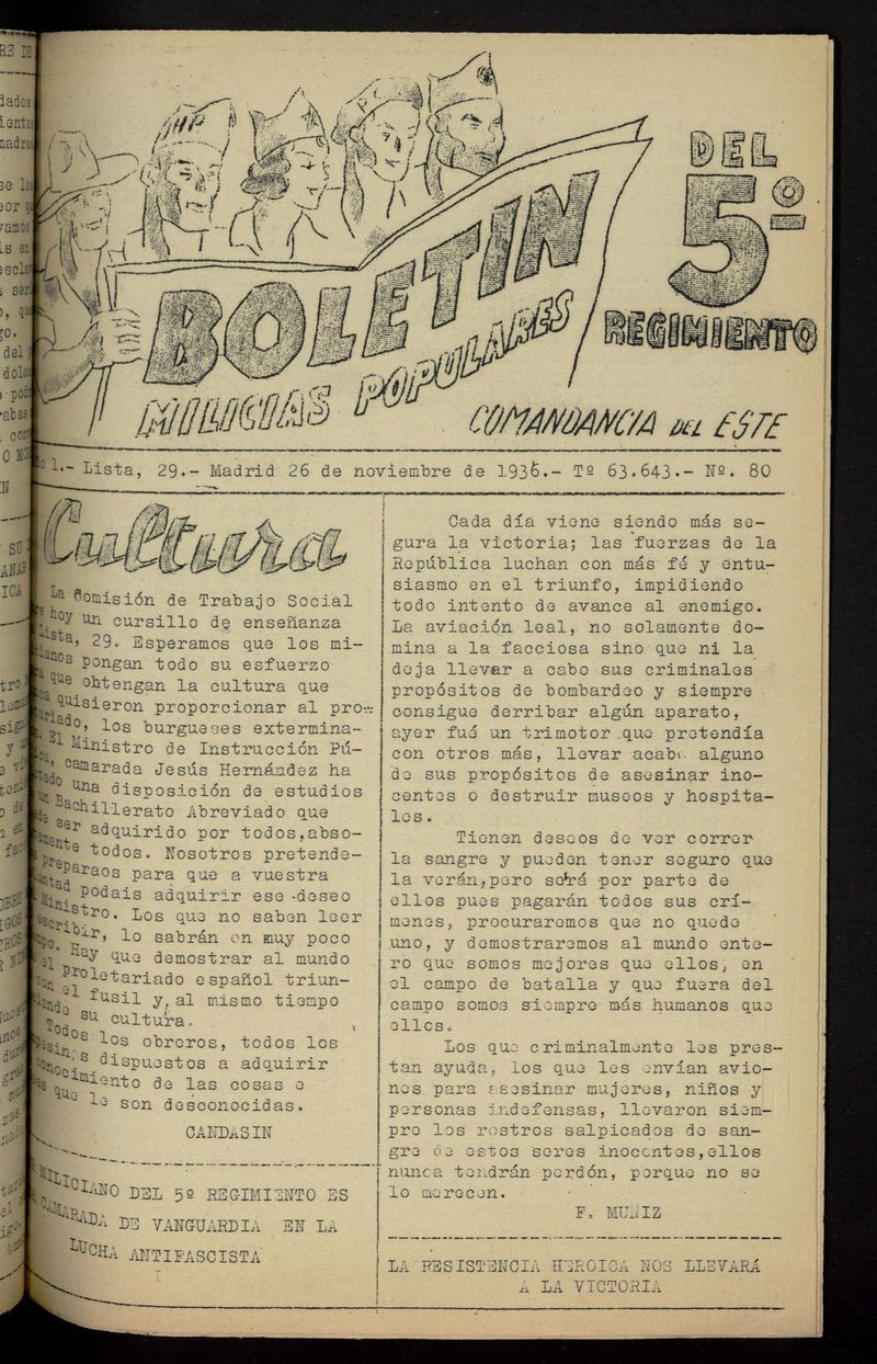 Boletn del 5 Regimiento: Milicias Populares del 26 de noviembre de 1936