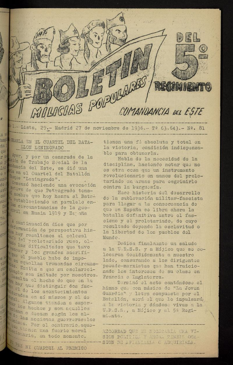 Boletn del 5 Regimiento: Milicias Populares del 27 de noviembre de 1936