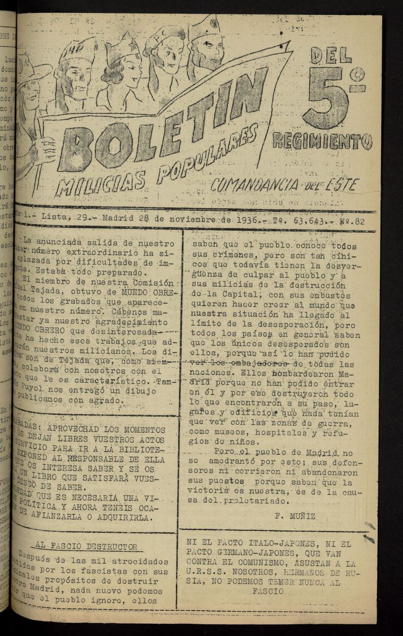 Boletn del 5 Regimiento: Milicias Populares del 28 de noviembre de 1936