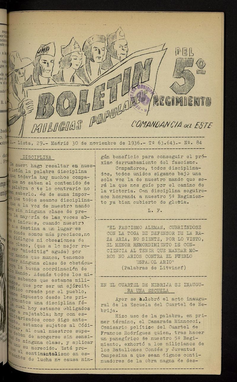 Boletn del 5 Regimiento: Milicias Populares del 30 de noviembre de 1936