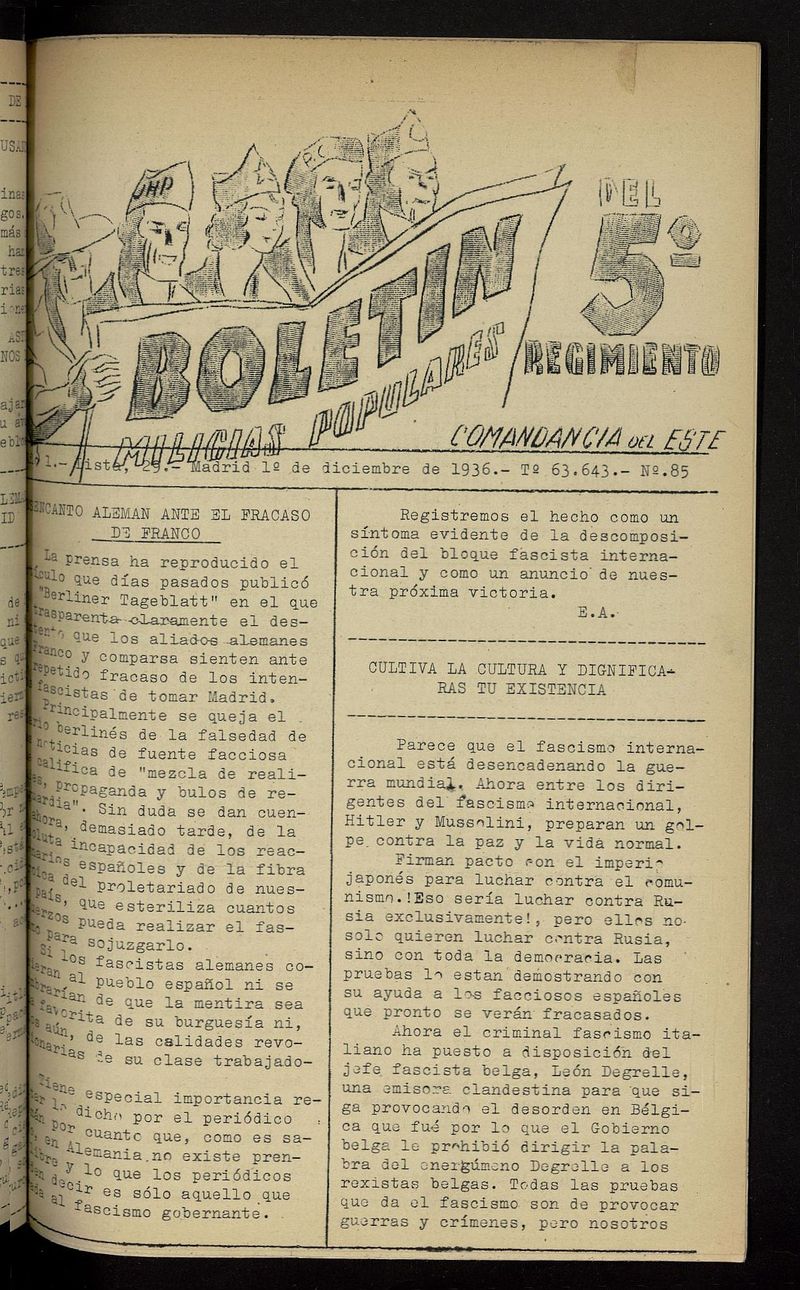 Boletn del 5 Regimiento: Milicias Populares del 1 de diciembre de 1936
