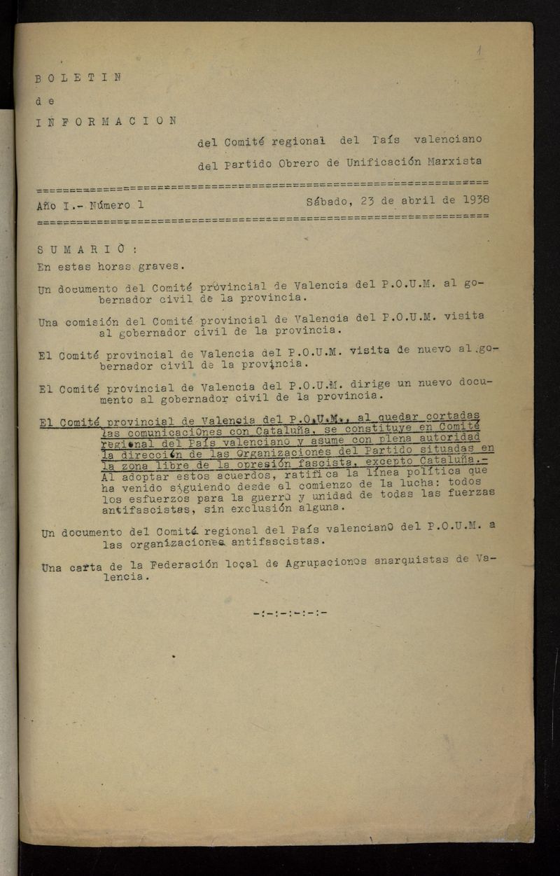 Boletn de Informacin del Comit Regional del Pas Valenciano del POUM del 23 de abril de 1938