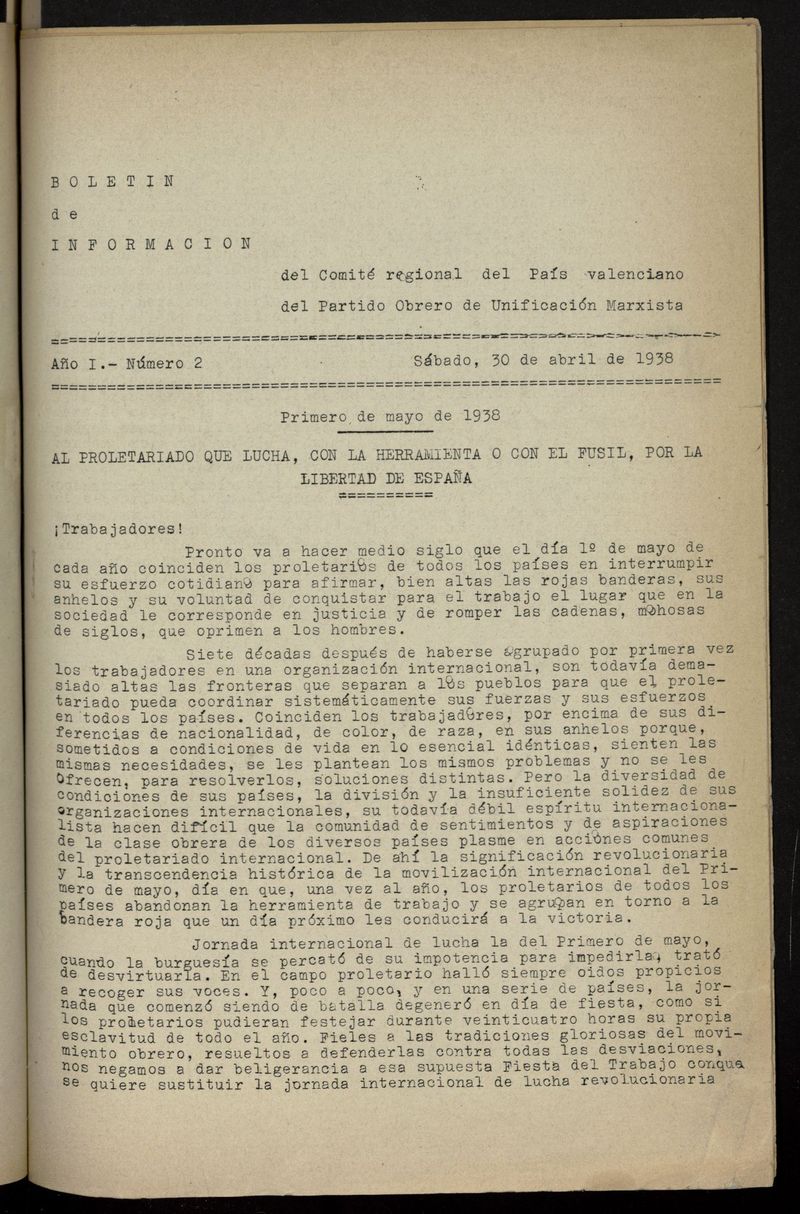Boletn de Informacin del Comit Regional del Pas Valenciano del POUM del 30 de abril de 1938
