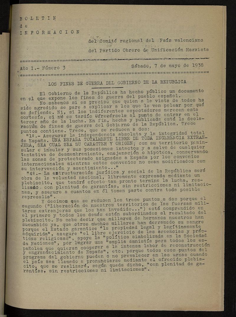 Boletn de Informacin del Comit Regional del Pas Valenciano del POUM del 7 de mayo de 1938