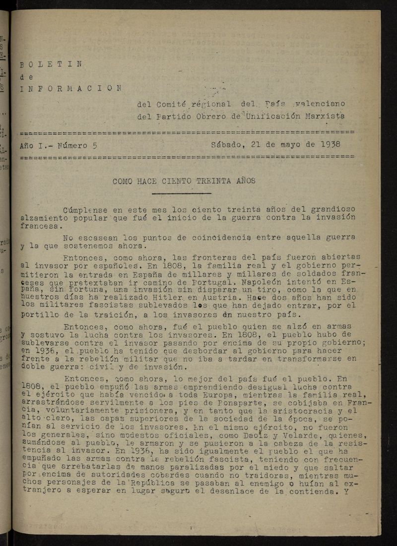 Boletn de Informacin del Comit Regional del Pas Valenciano del POUM del 21 de mayo de 1938