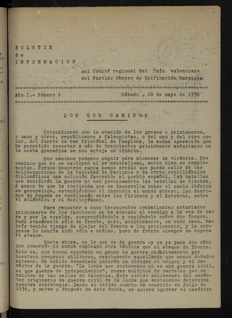 Boletn de Informacin del Comit Regional del Pas Valenciano del POUM del 28 de mayo de 1938