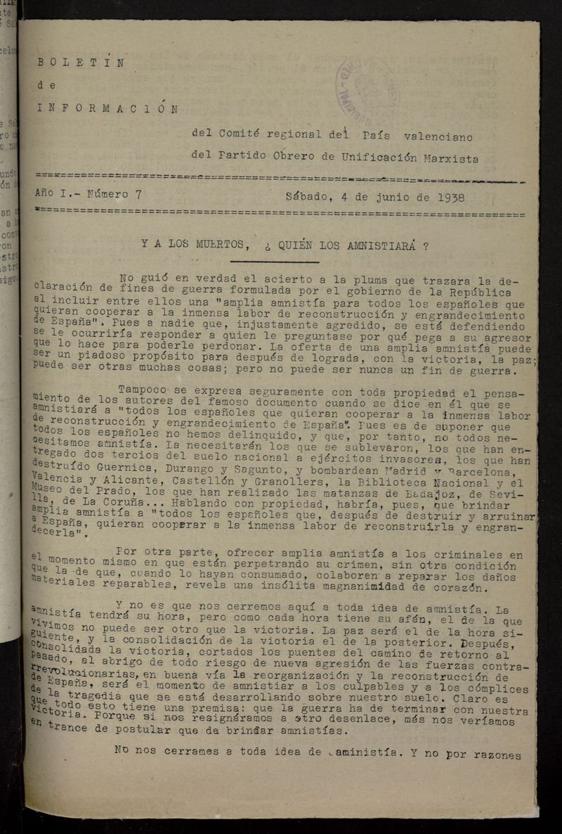 Boletn de Informacin del Comit Regional del Pas Valenciano del POUM del 4 de junio de 1938