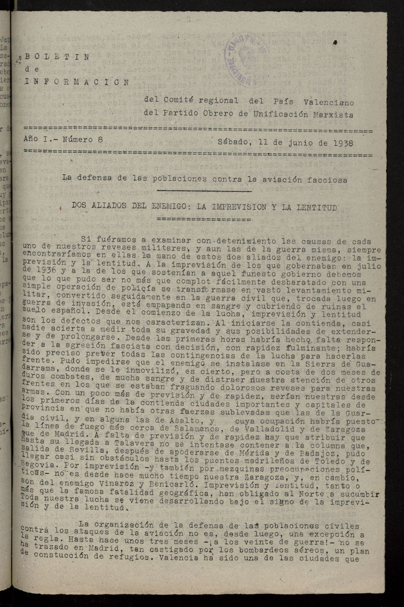 Boletn de Informacin del Comit Regional del Pas Valenciano del POUM del 11 de junio de 1938