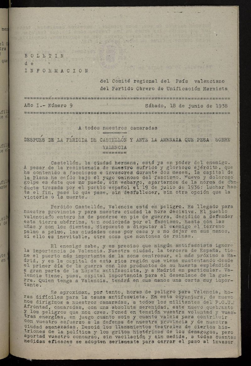 Boletn de Informacin del Comit Regional del Pas Valenciano del POUM del 18 de junio de 1938