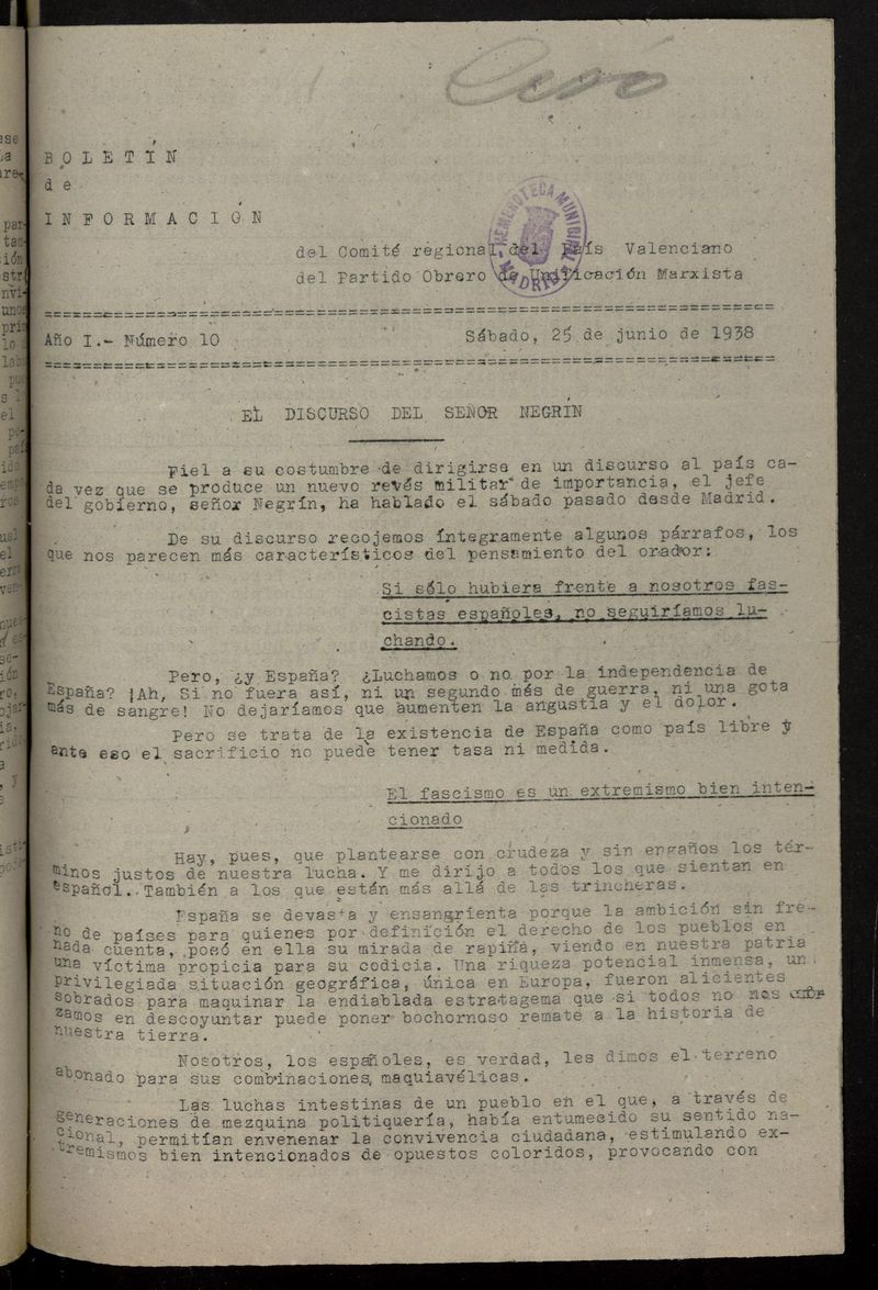 Boletn de Informacin del Comit Regional del Pas Valenciano del POUM del 25 de junio de 1938