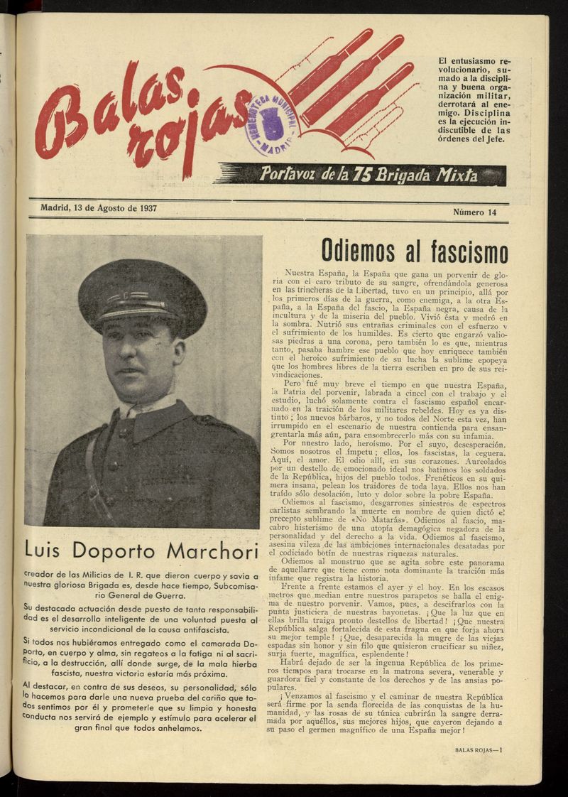 Balas Rojas: Portavoz de la 75 Brigada Mixta del 13 de agosto de 1937