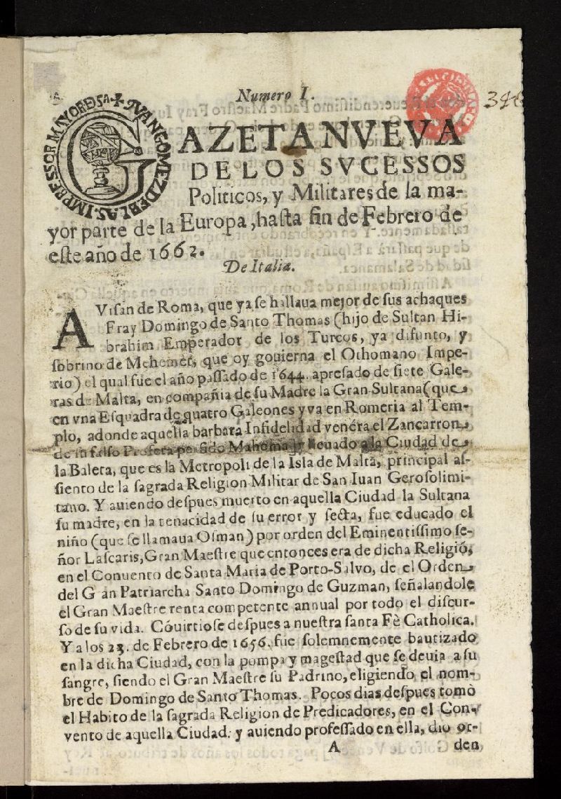 Gazeta Nueva de los sucessos politicos, y militares de la mayor parte de Europa de febrero de 1662, n 1