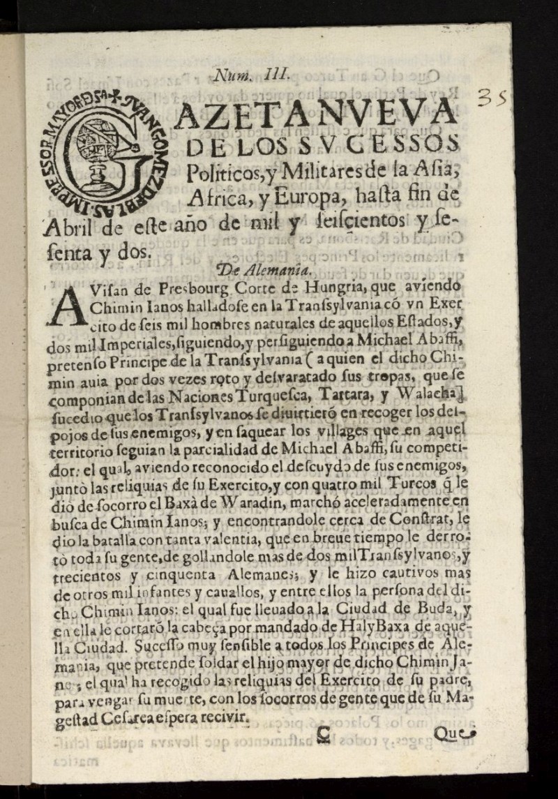 Gazeta Nueva de los sucessos politicos, y militares de la mayor parte de Europa de abril de 1662