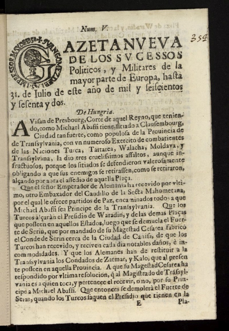 Gazeta Nueva de los sucessos politicos, y militares de la mayor parte de Europa de julio de 1662, n 5
