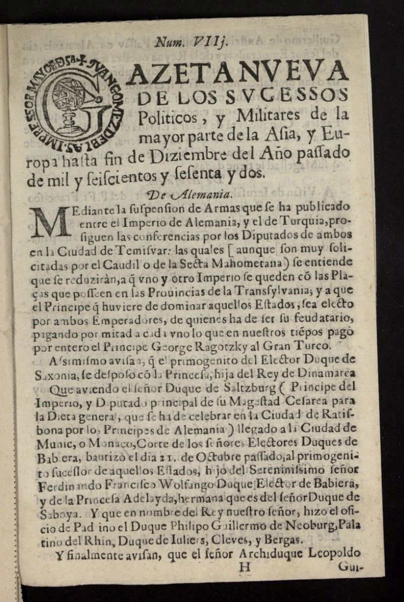 Gazeta Nueva de los sucessos politicos, y militares de la mayor parte de Europa de diciembre de 1662, n 8