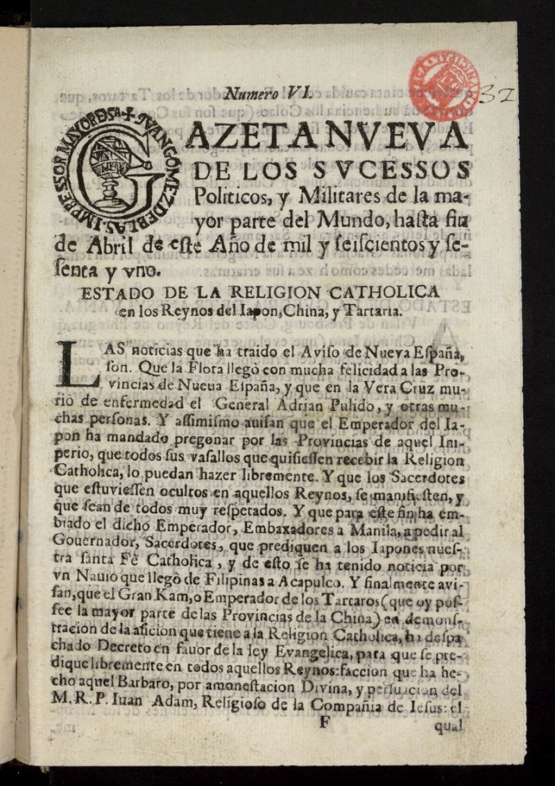 Gazeta Nveva de los Svcessos Politicos, y Militares de la mayor parte del Mundo, hasta fin de abril de 1661, n 6
