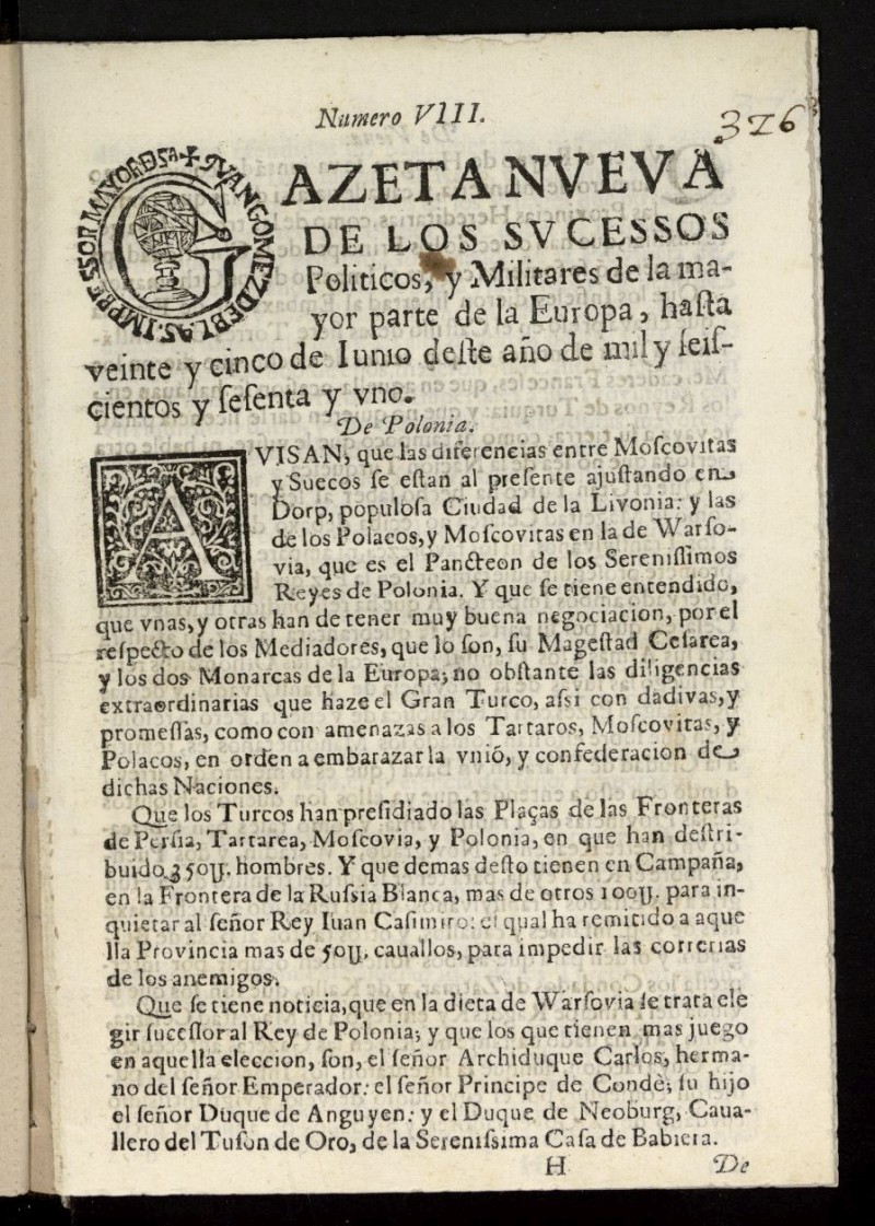 Gazeta Nveva de los Svcessos Politicos, y Militares de la mayor parte del Mundo, hasta el 25 de junio de de 1661, n 8