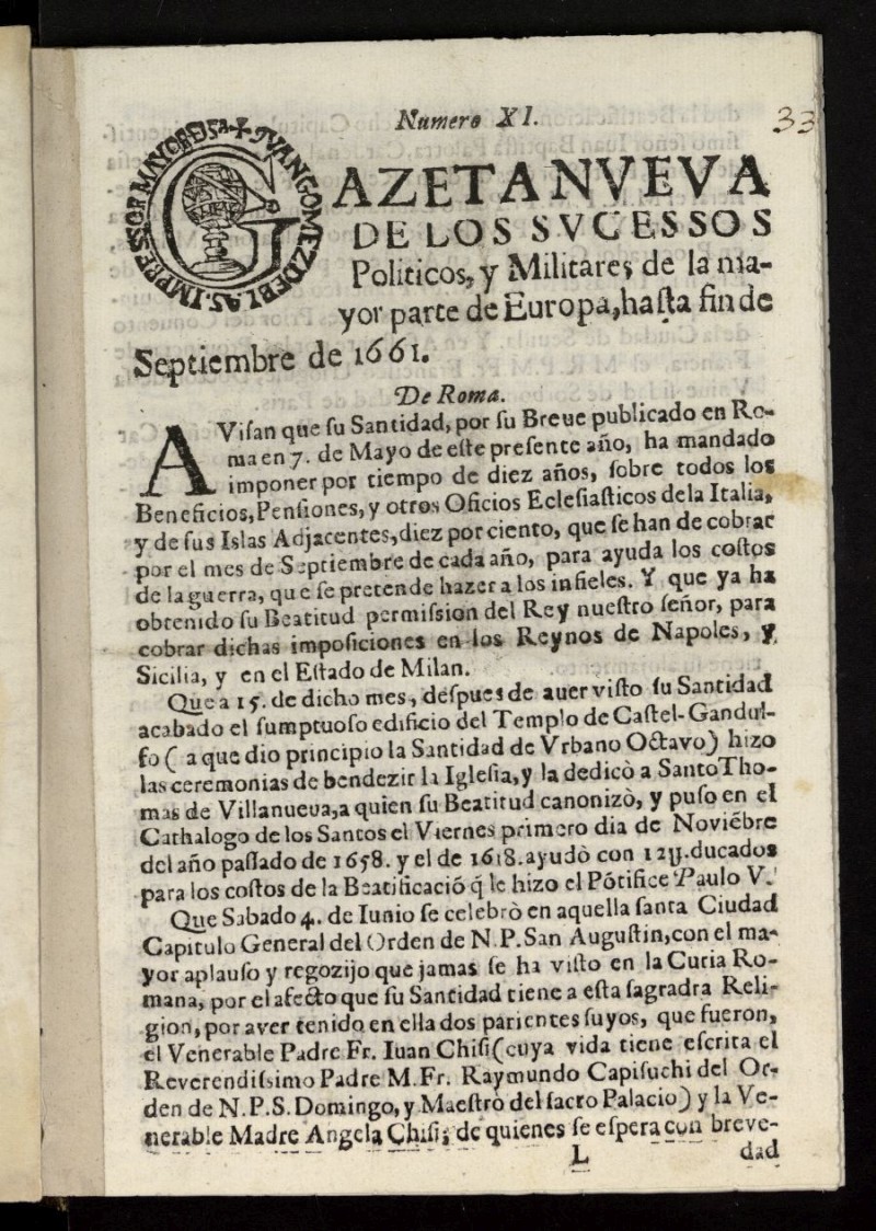 Gazeta nueva de los sucessos polticos y militares de la mayor parte de Europa, hasta fin de septiembre de 1661, n 11