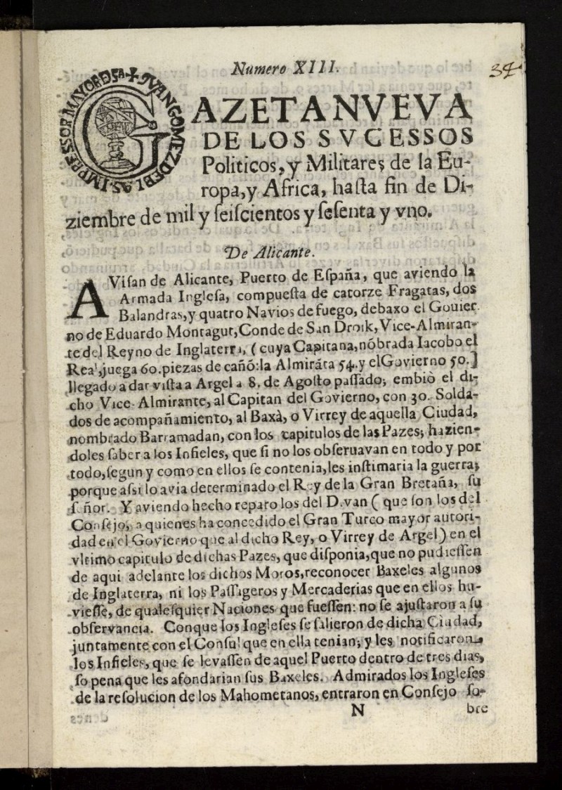 Gazeta nueva de los sucessos polticos, y militares de la Europa, y africa, hasta fin de diciembre de 1661, n 13