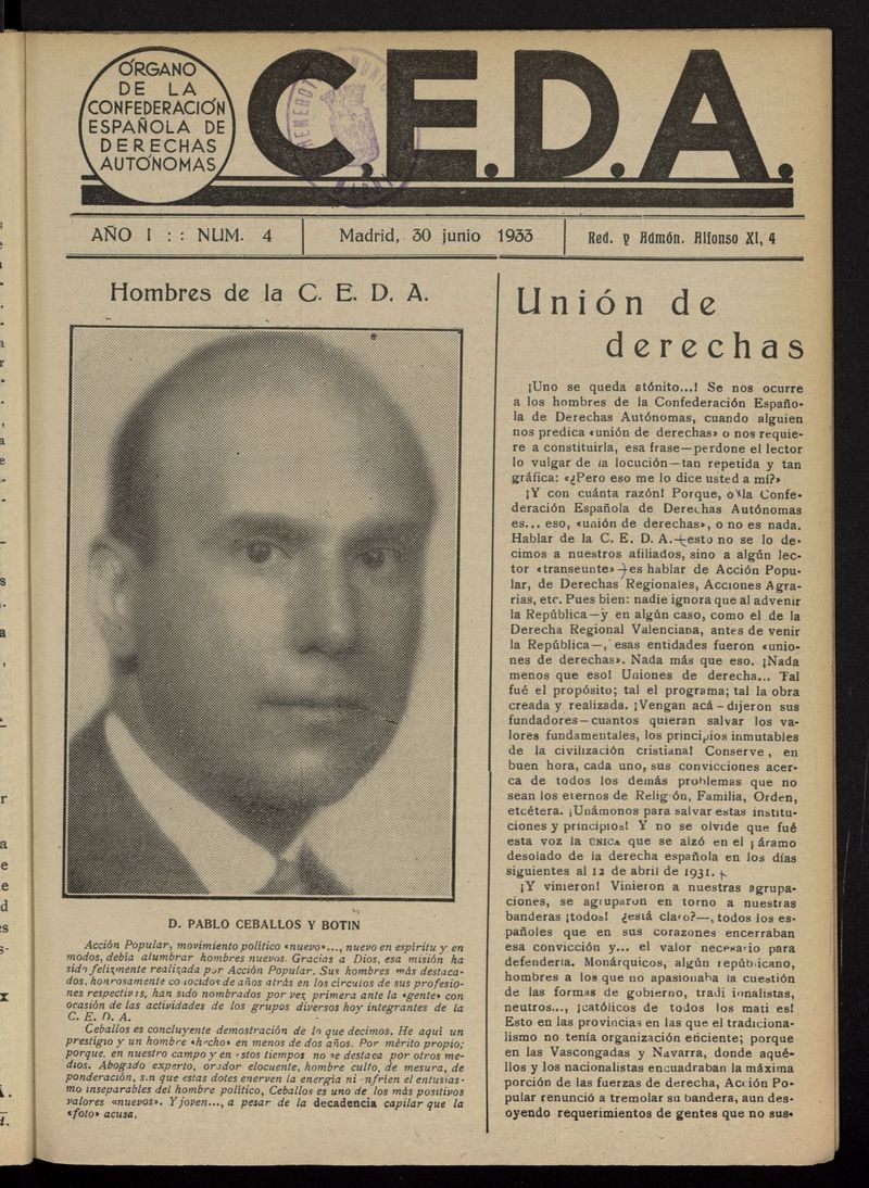 C.E.D.A.: organo de la Confederacin Espaola de Derechas Autnomas del 30 de junio de 1933