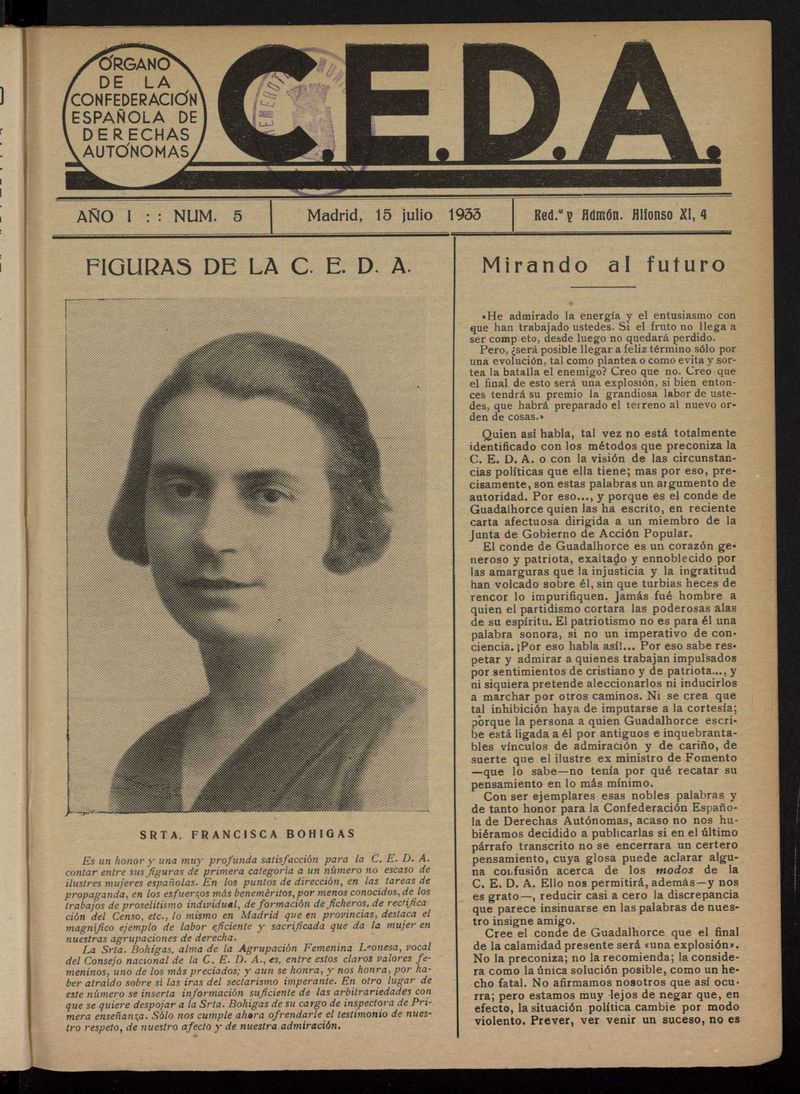 C.E.D.A.: organo de la Confederacin Espaola de Derechas Autnomas del 15 de julio de 1933