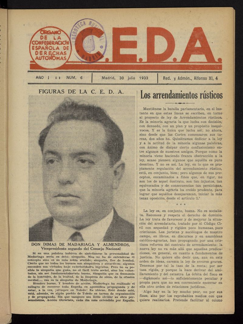 C.E.D.A.: organo de la Confederacin Espaola de Derechas Autnomas del 30 de julio de 1933
