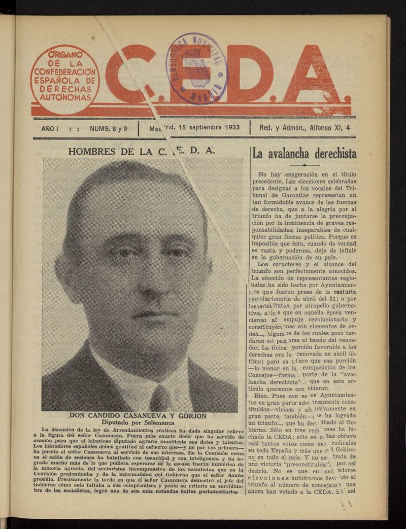 C.E.D.A.: organo de la Confederacin Espaola de Derechas Autnomas del 15 de septiembre de 1933