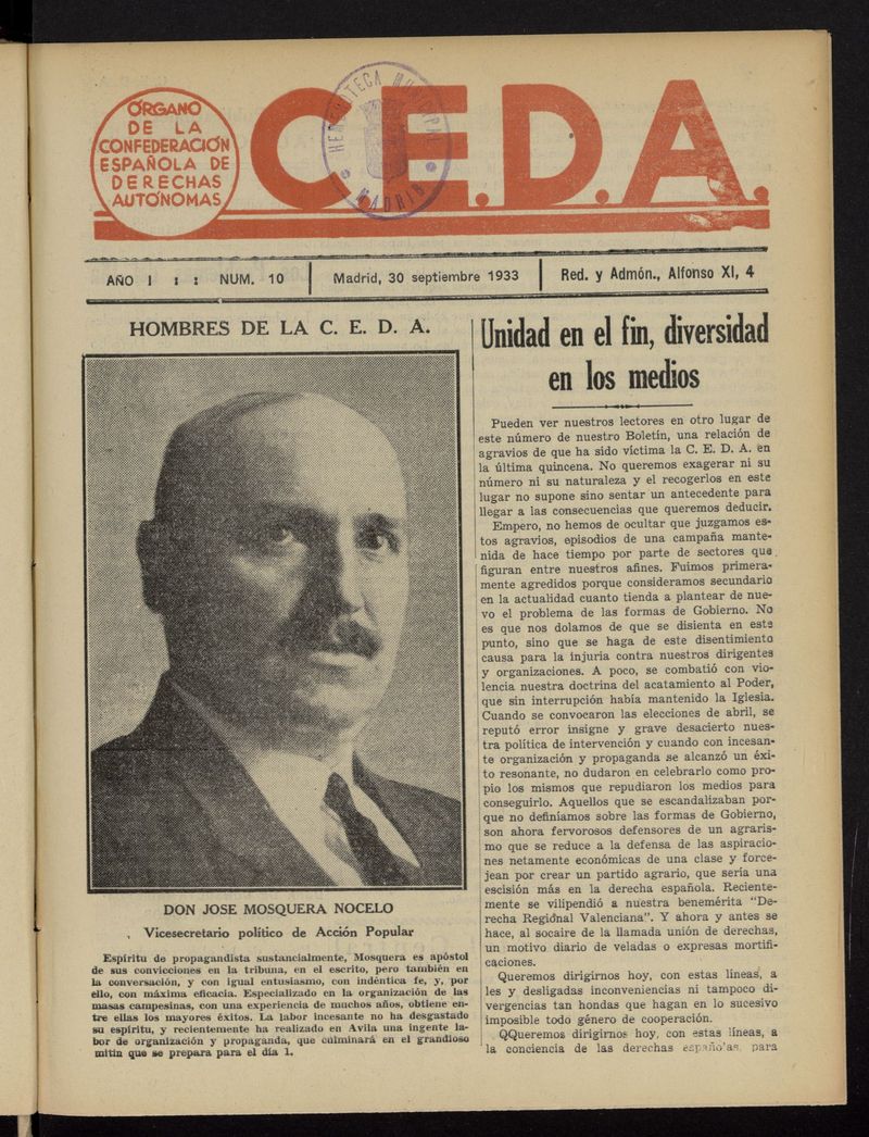C.E.D.A.: organo de la Confederacin Espaola de Derechas Autnomas del 30 de septiembre de 1933