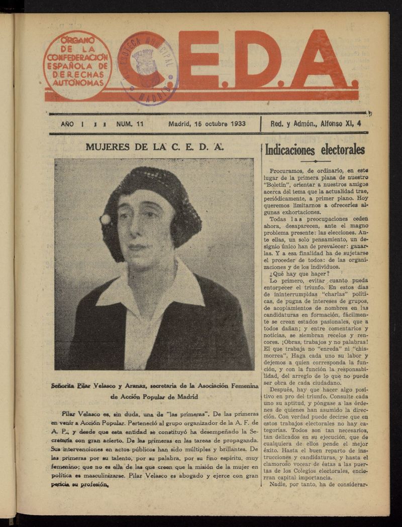 C.E.D.A.: organo de la Confederacin Espaola de Derechas Autnomas del 15 de octubre de 1933