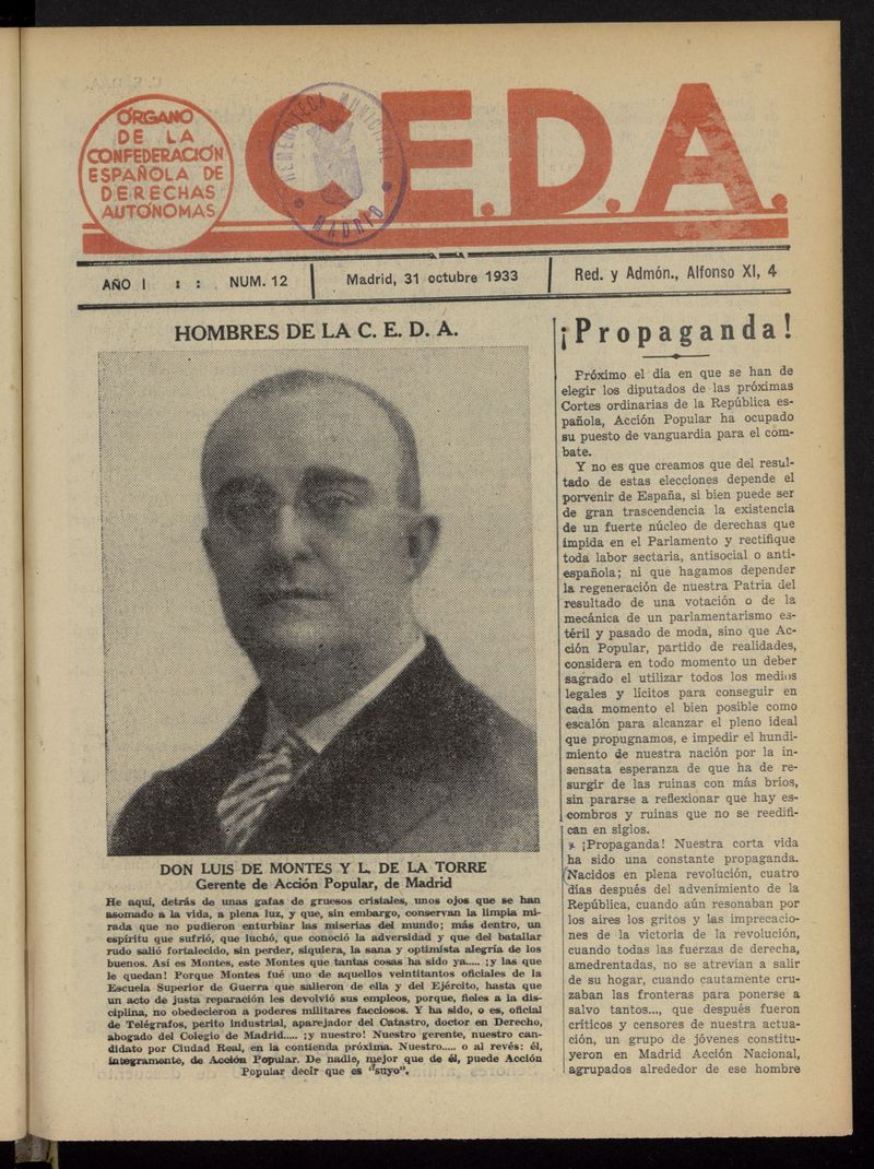 C.E.D.A.: organo de la Confederacin Espaola de Derechas Autnomas del 31 de octubre de 1933